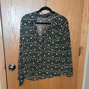 Zara Green and Ivory Floral Geometric Print Button-Up Blouse